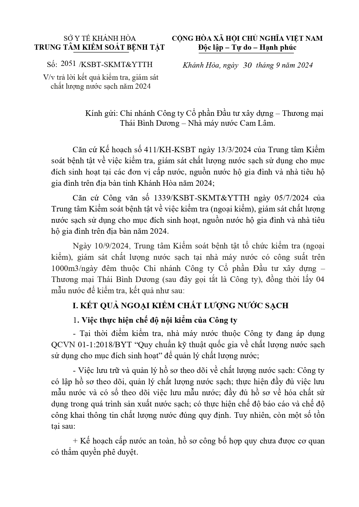 V/v trả lời kết quả kiểm tra, giám sát chất lượng nước sạch năm 2024